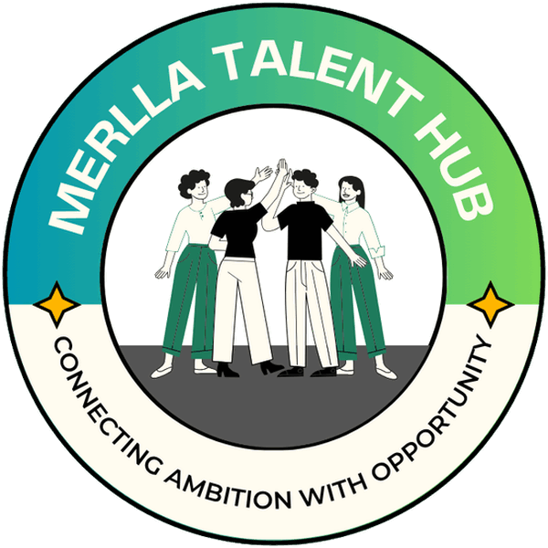Merlla Talent Hub logo: four colleagues giving a high five, encircled by the words Merlla Talent Hub and Connecting Ambition with Opportunity